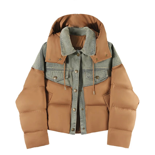 Women's Hooded Denim Coat with Patchwork Design and Button Closure