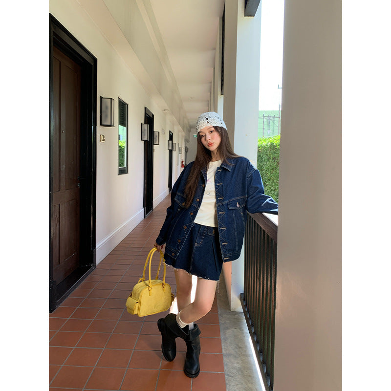 Premium Japanese Retro Textured Denim Mini Skirt