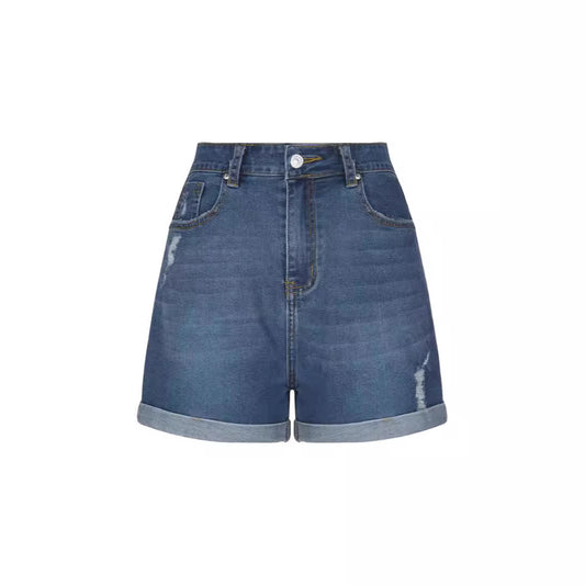 Elastic Straight Tube Worn-Out Rolled Edge Denim Shorts