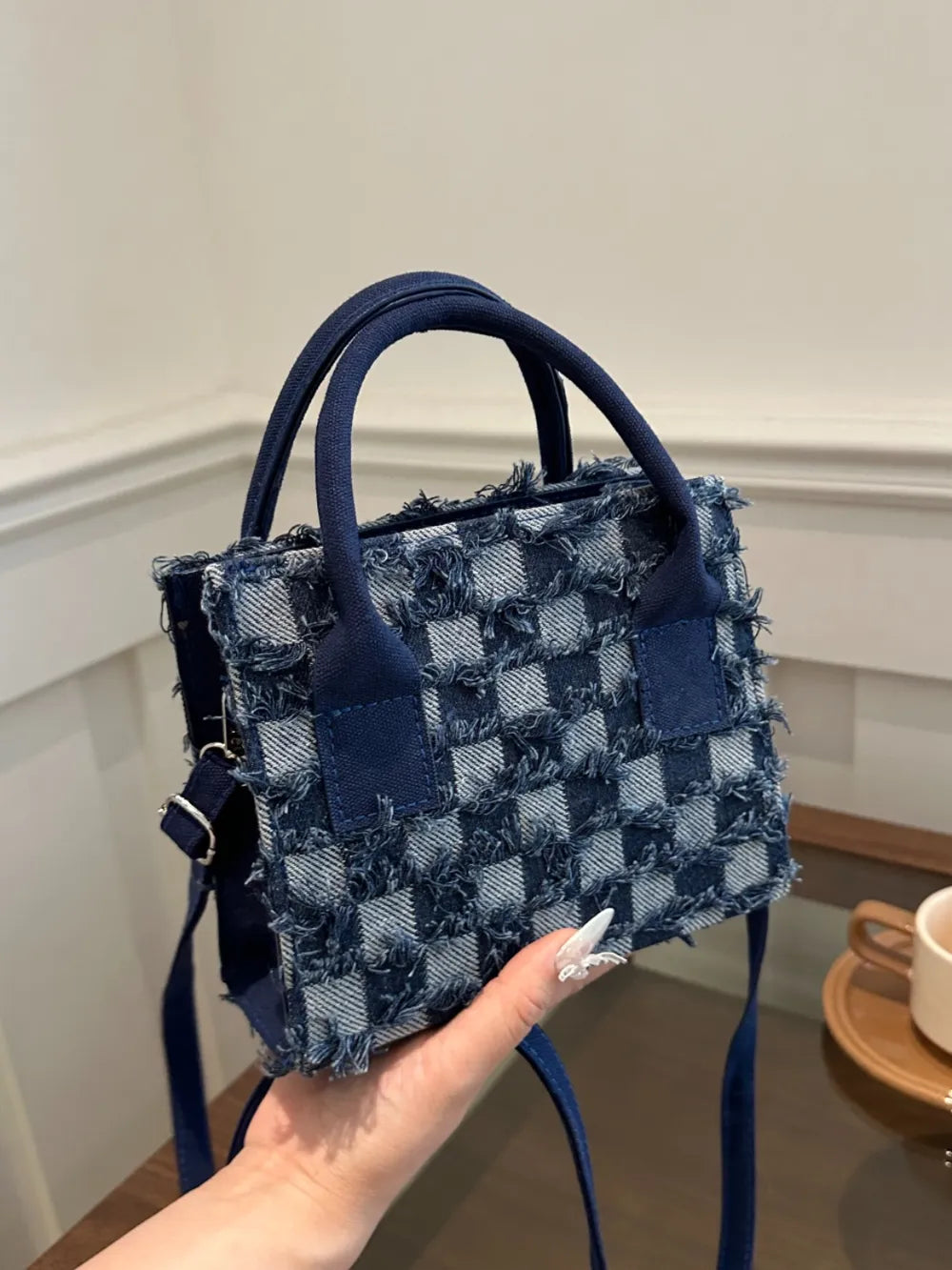 Handcrafted Checkered Denim Handbag with Raw Hem