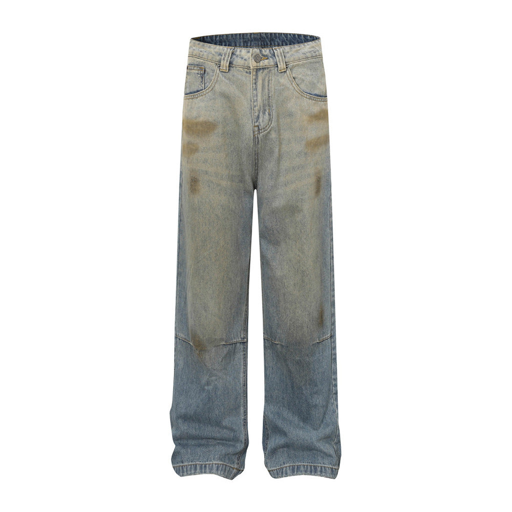 Men's Distressed Denim Jeans with Paint Splatter and Ripped Details