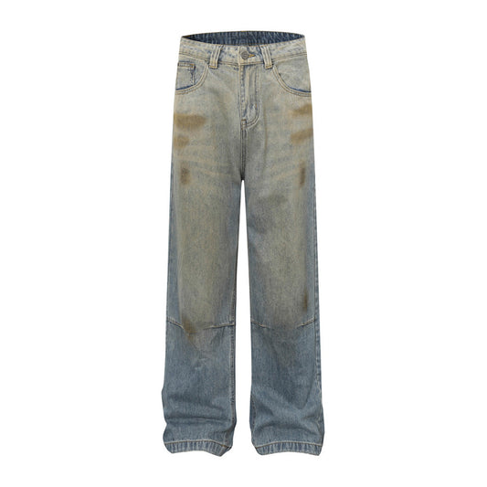 Men's Distressed Denim Jeans with Paint Splatter and Ripped Details