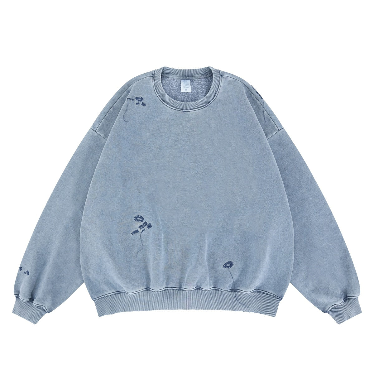 Heavy-Wash Bleached Embroidered Solid Color Fleece Crewneck Sweatshirt for Men