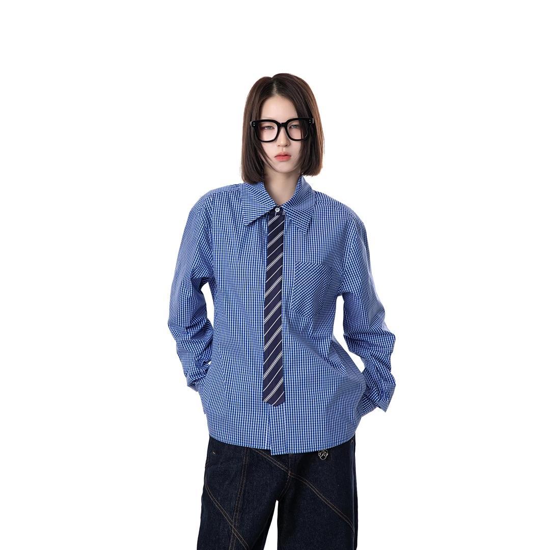 Fake Tie Splicing Design Checkered Shirt for Men and Women