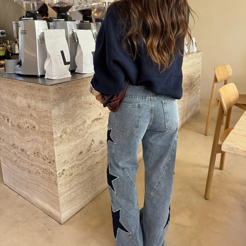 Five Pointed Star Loose Straight Denim Pants