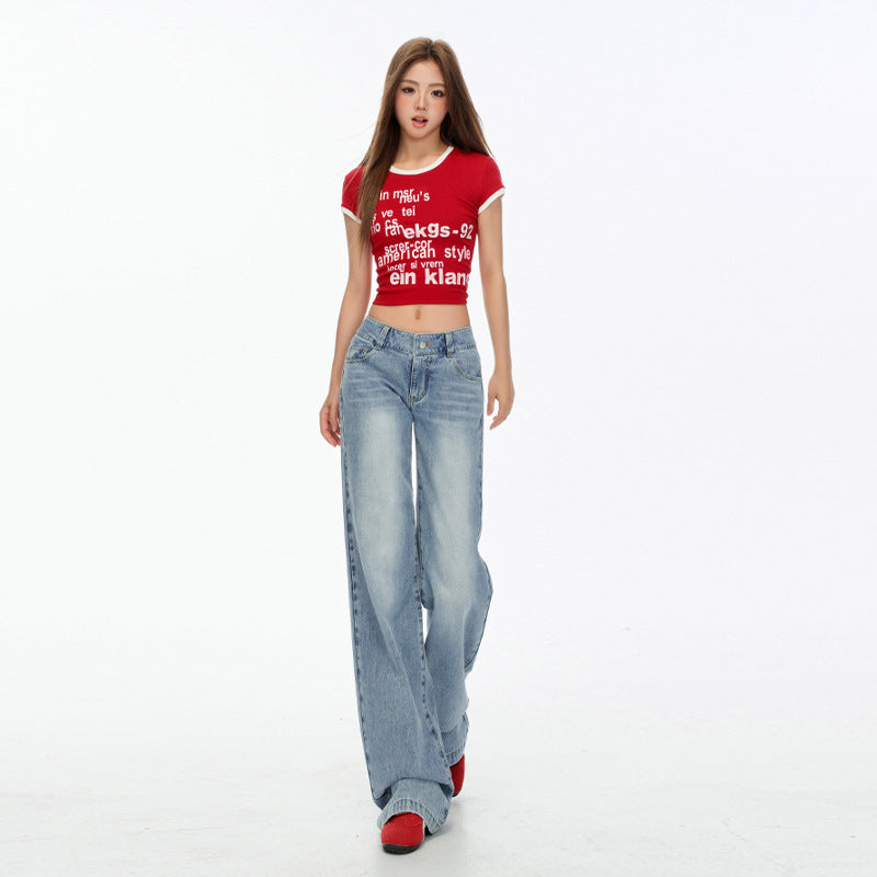 Loose Straight Jeans for Women - Slimming Low Waist Wide Leg Pants