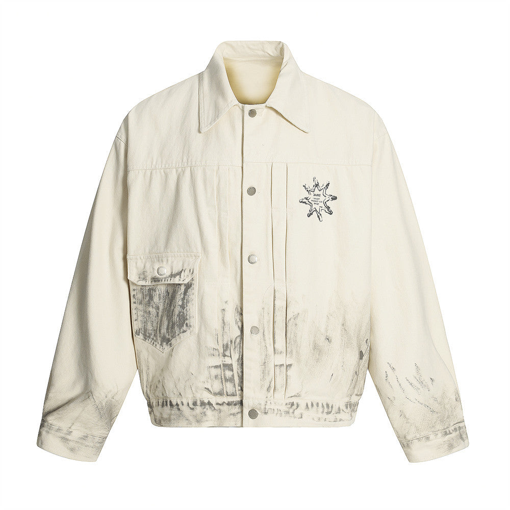 Rock Rap Figure Print Denim Jacket - Distressed Vintage Style for Men