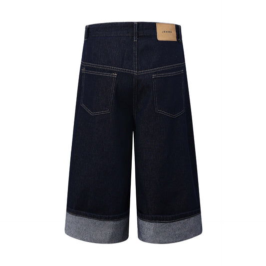 Spliced Hem Denim Shorts - Unisex Loose Fit