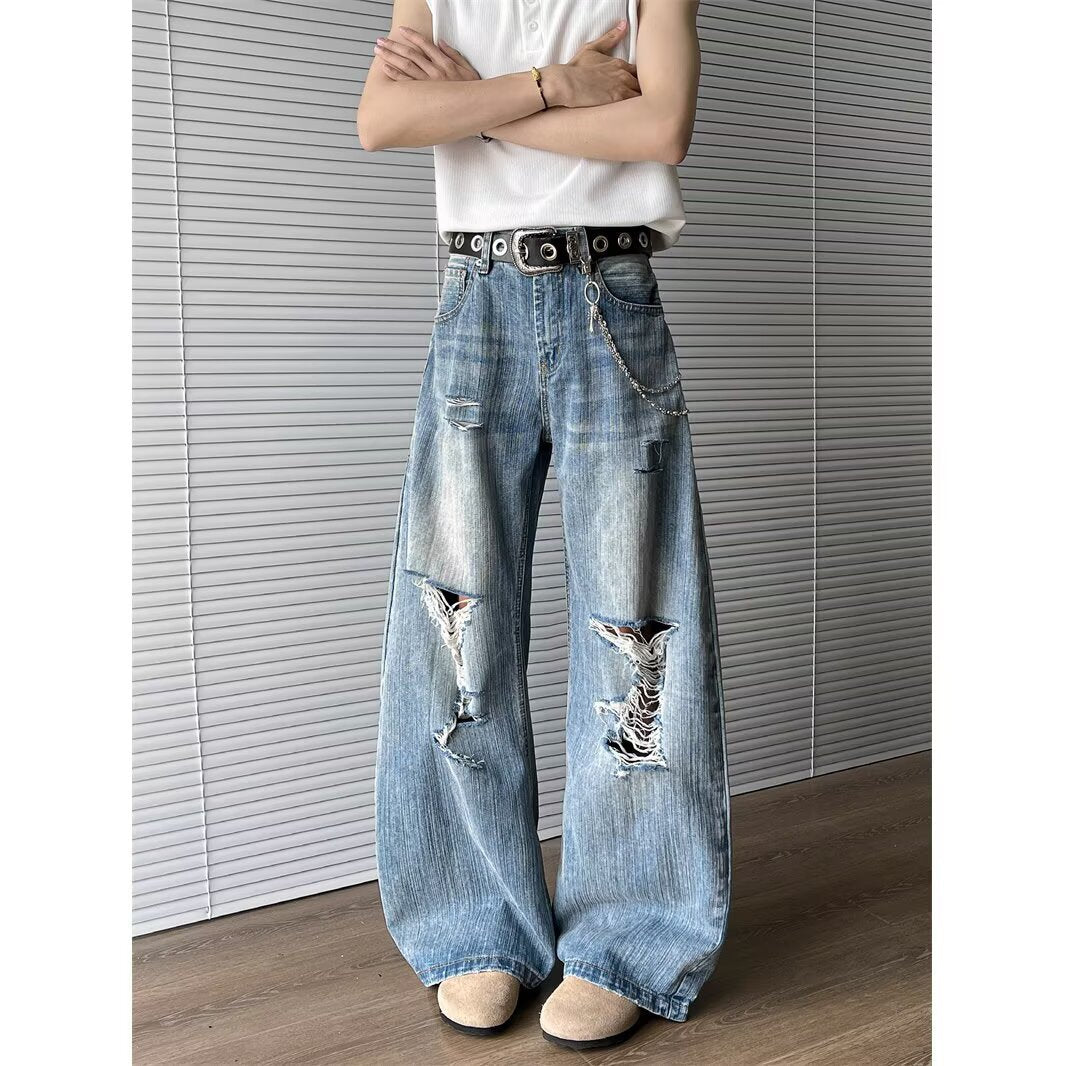 Retro Straight Tube Loose Fit Distressed Bamboo Texture Wide Leg Pants