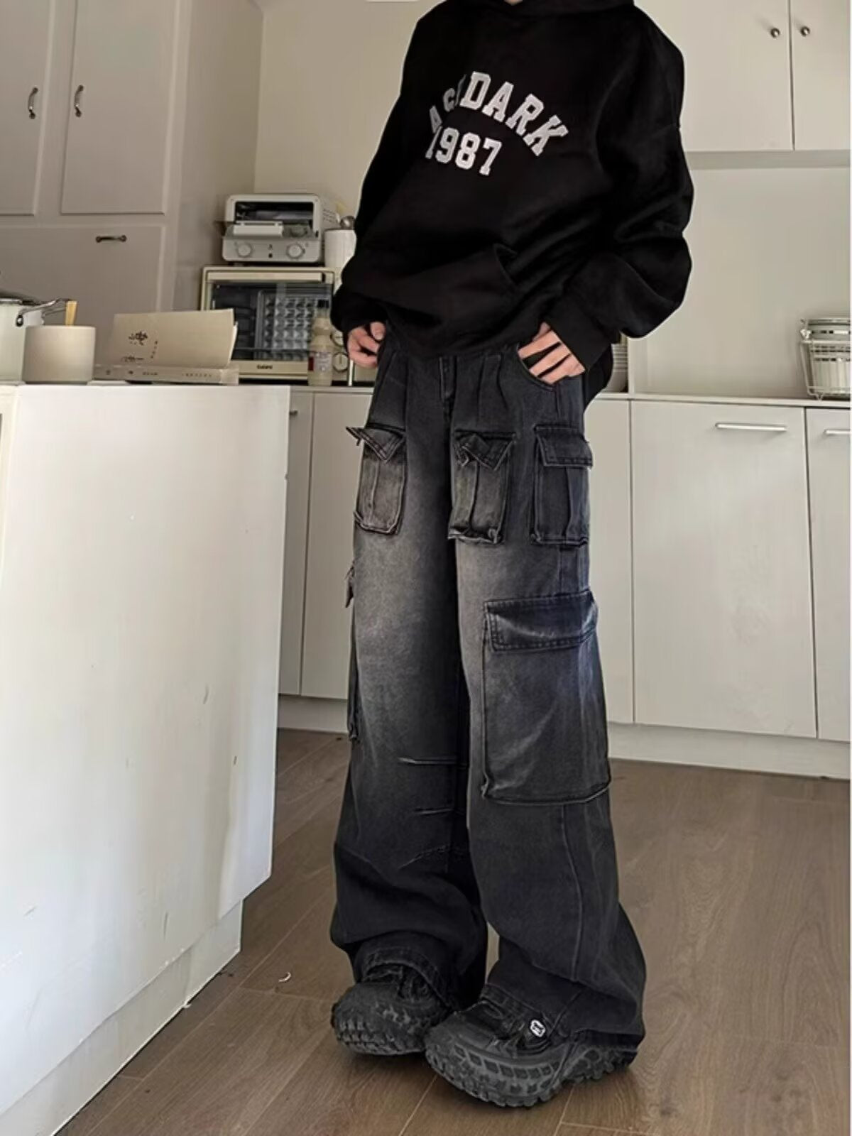 Multi Pocket Straight Leg Wide Leg Pants