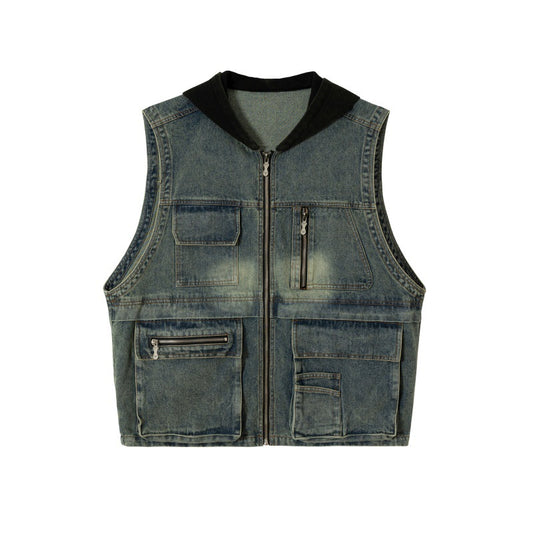 Functional Multi-Pocket Casual Loose Fit Hooded Denim Vest for Men