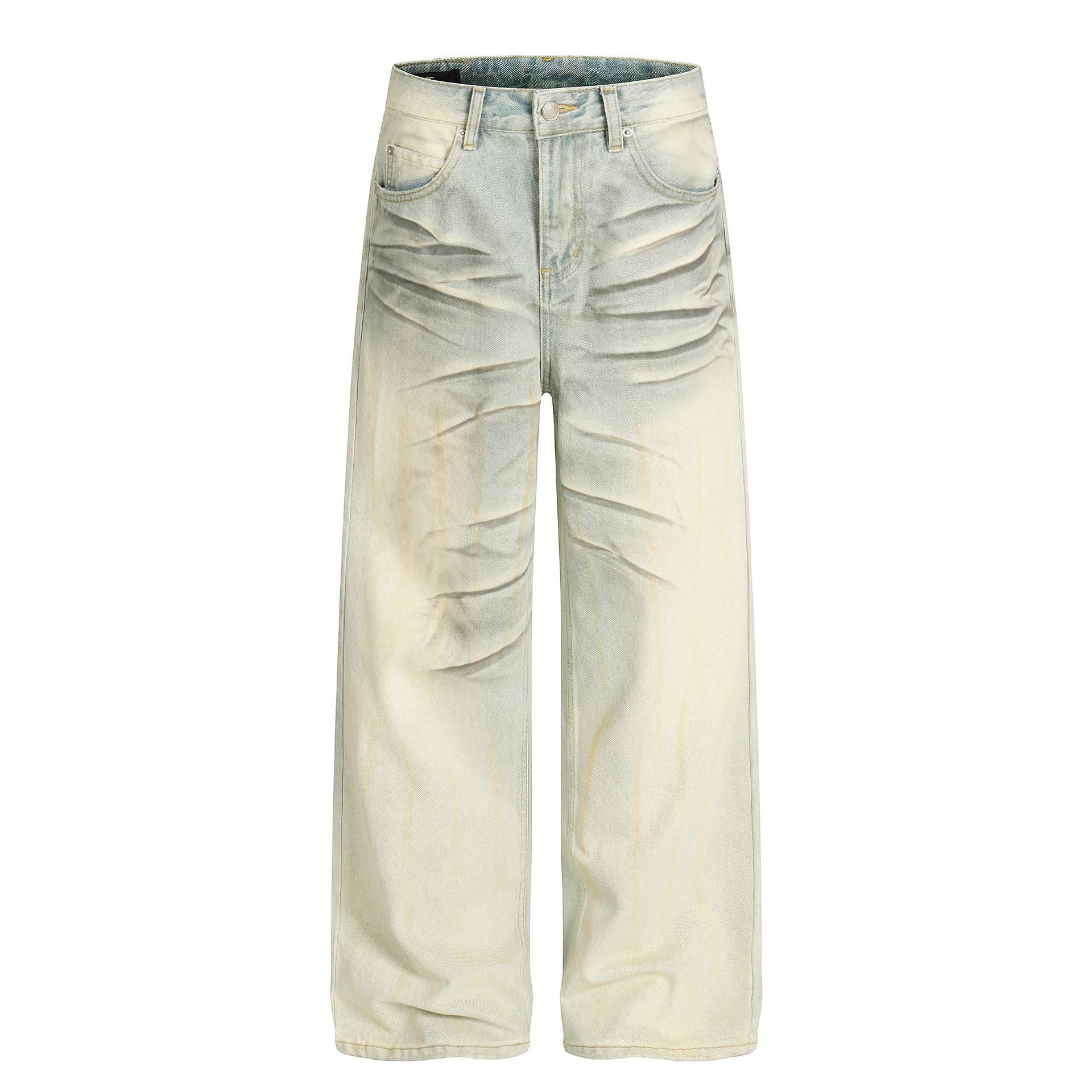 Unisex Loose Fit Vintage Blue Distressed Denim Pants with Cat-Scratch Pattern