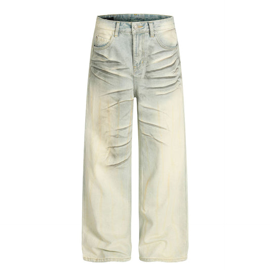 Unisex Loose Fit Vintage Blue Distressed Denim Pants with Cat-Scratch Pattern