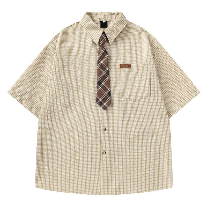 Loose College Style Plaid Pocket Casual Short Sleeve Shirt