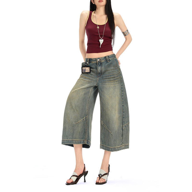 Deconstructed Knife-Edge Denim Shorts - Distressed Wide-Leg Casual Pants