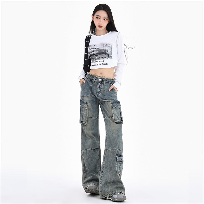 Women's High Waist Slim Wide Leg Denim Workwear Pants