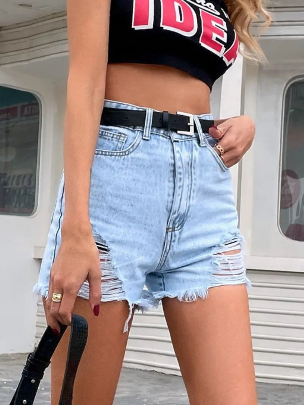 Distressed Raw Hem Denim Shorts