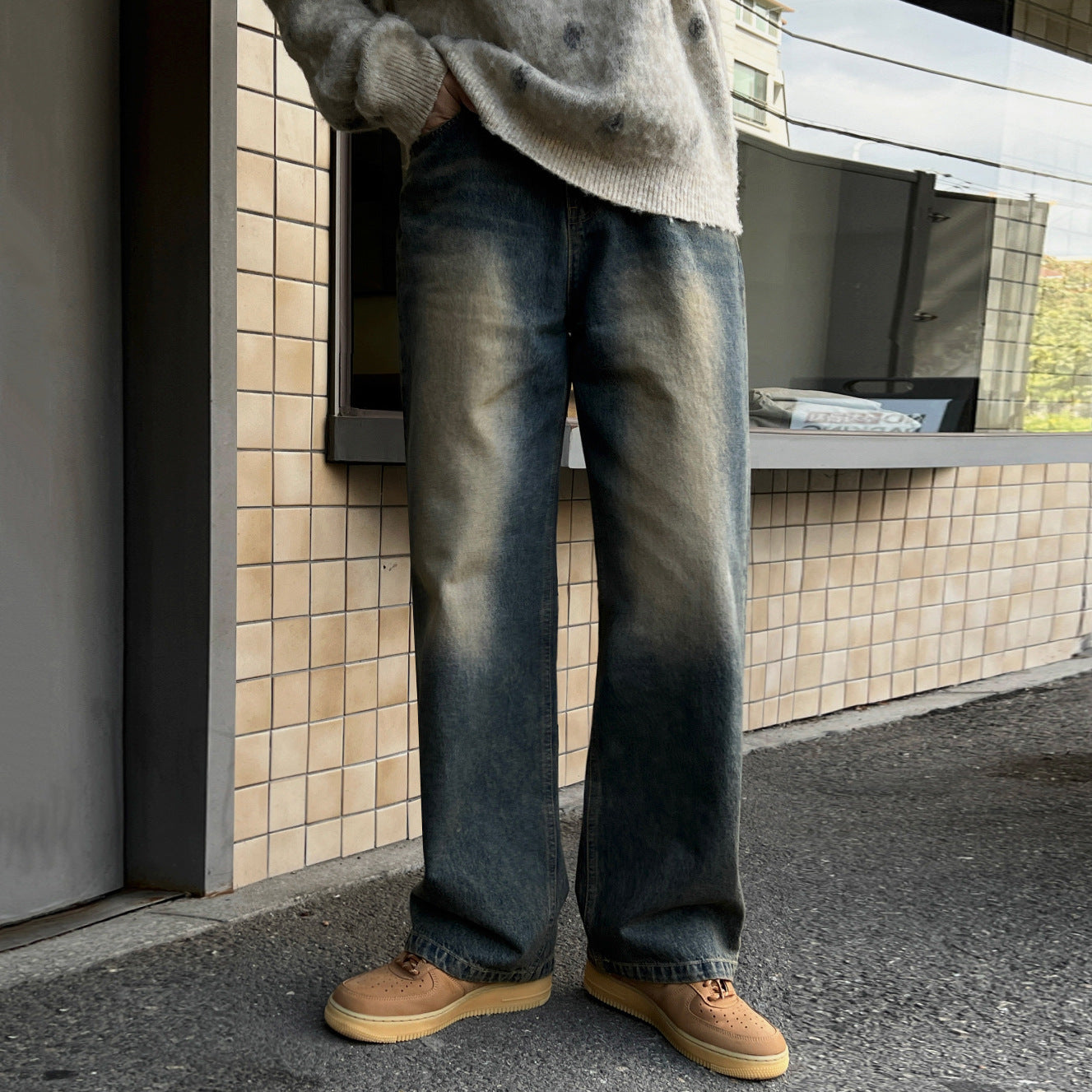 Vintage Washed Straight Leg Jeans for Men - Winter Clean Fit Warm Wide Leg Pants Outfit