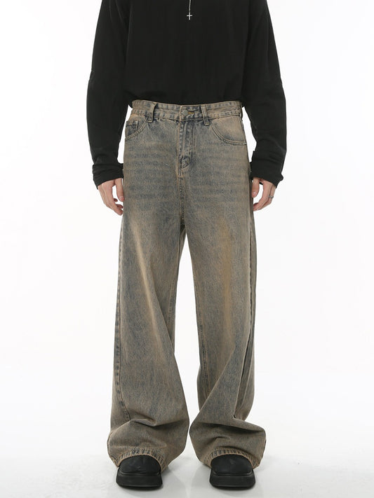 Distressed Hong Kong Style Retro Loose Wide-Leg Denim Trousers