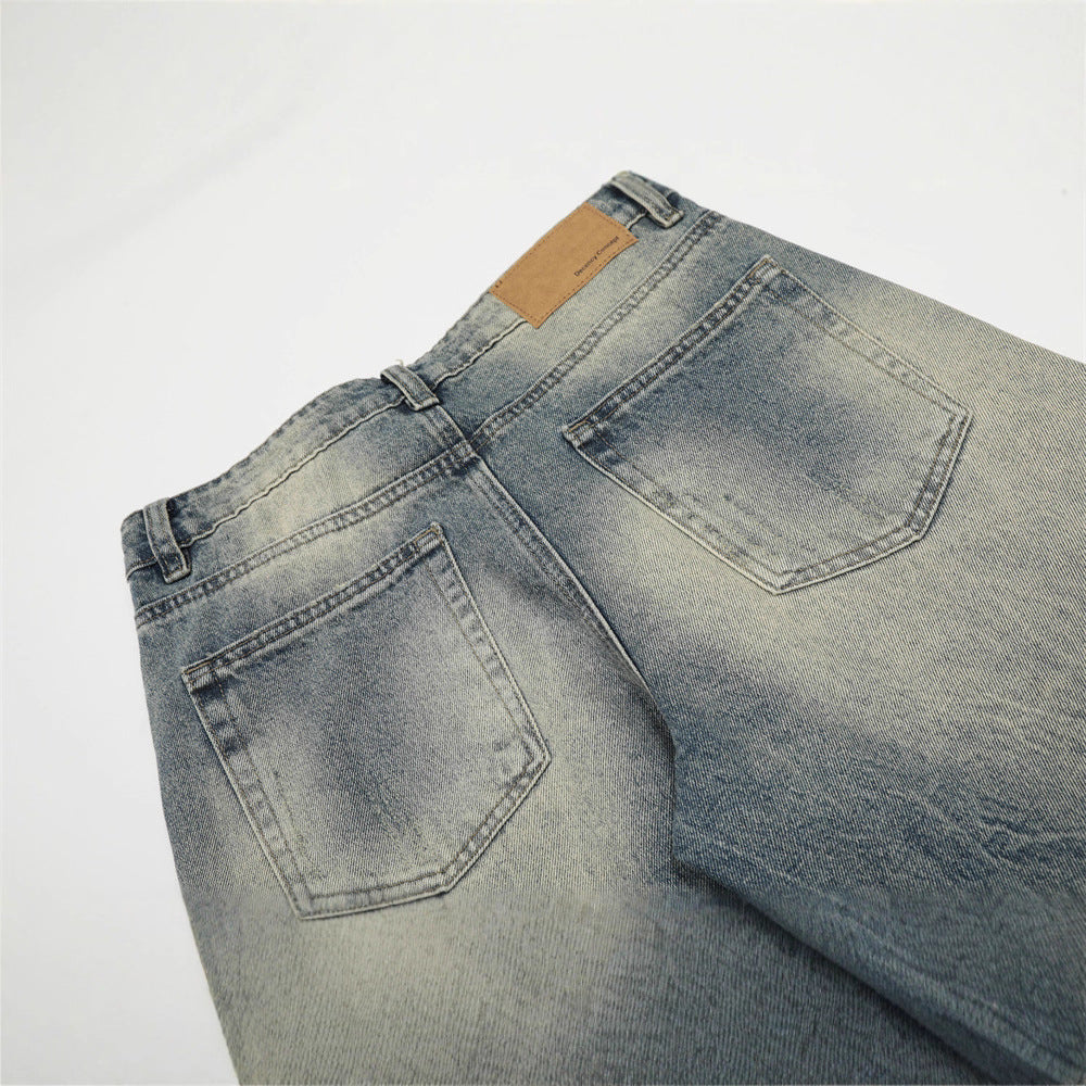 Men's Jeans with Bleached Lightning Pattern, Wide Leg, Casual Loose Fit