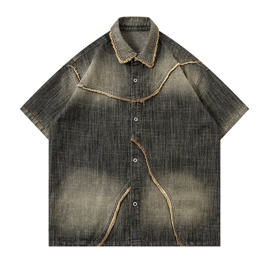 Washed Gradient Design Denim Short Sleeve Shirt