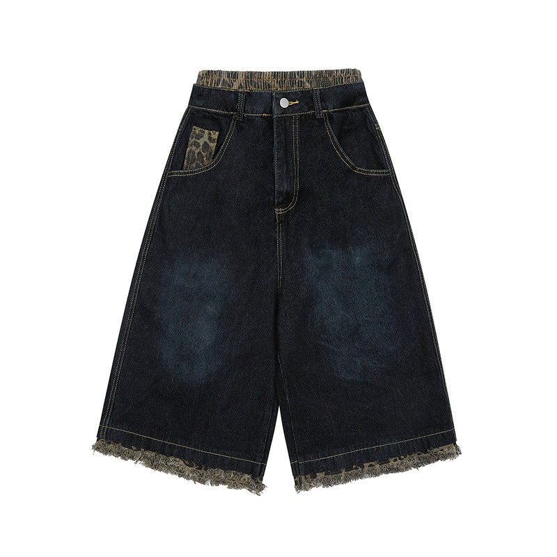 Leopard Print Patchwork Brushed Seven Quarter Denim Shorts