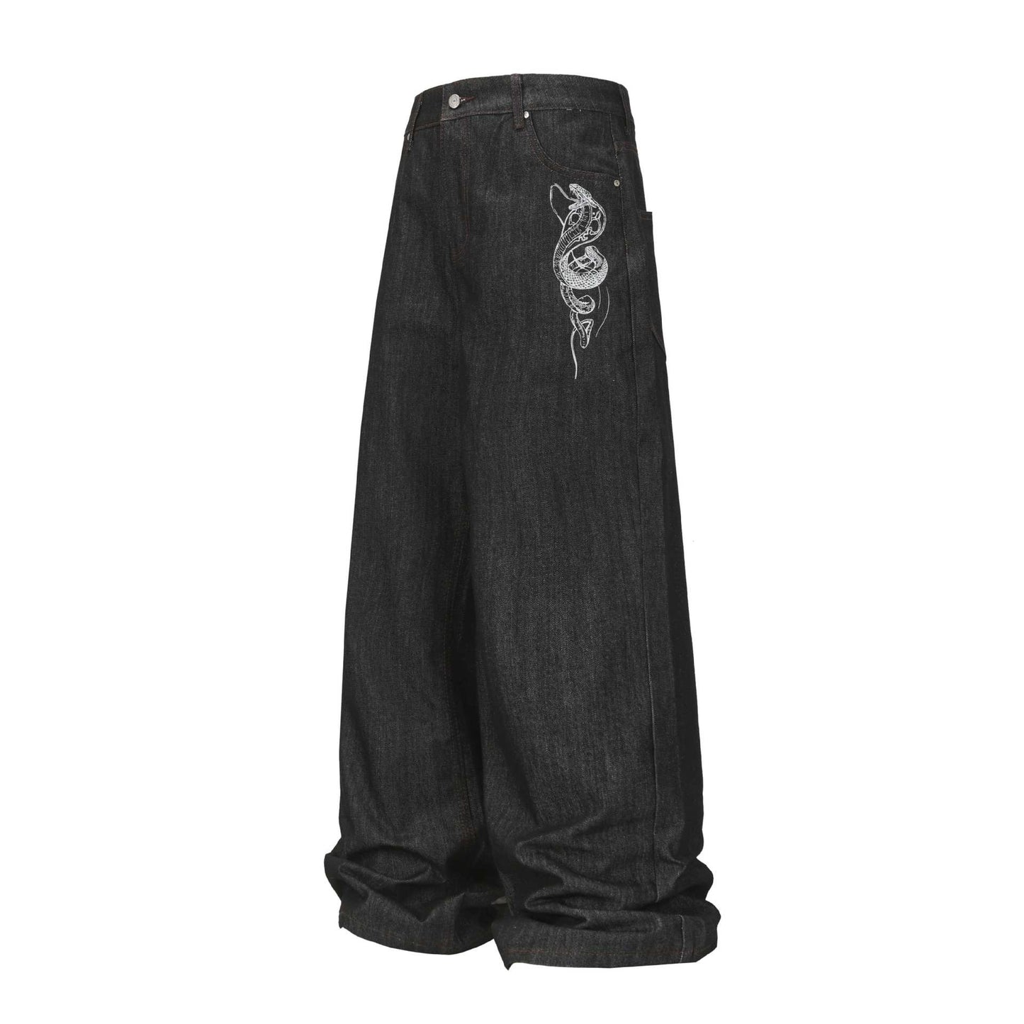 High-Quality Street Style Denim Long Pants with Snake Element Design