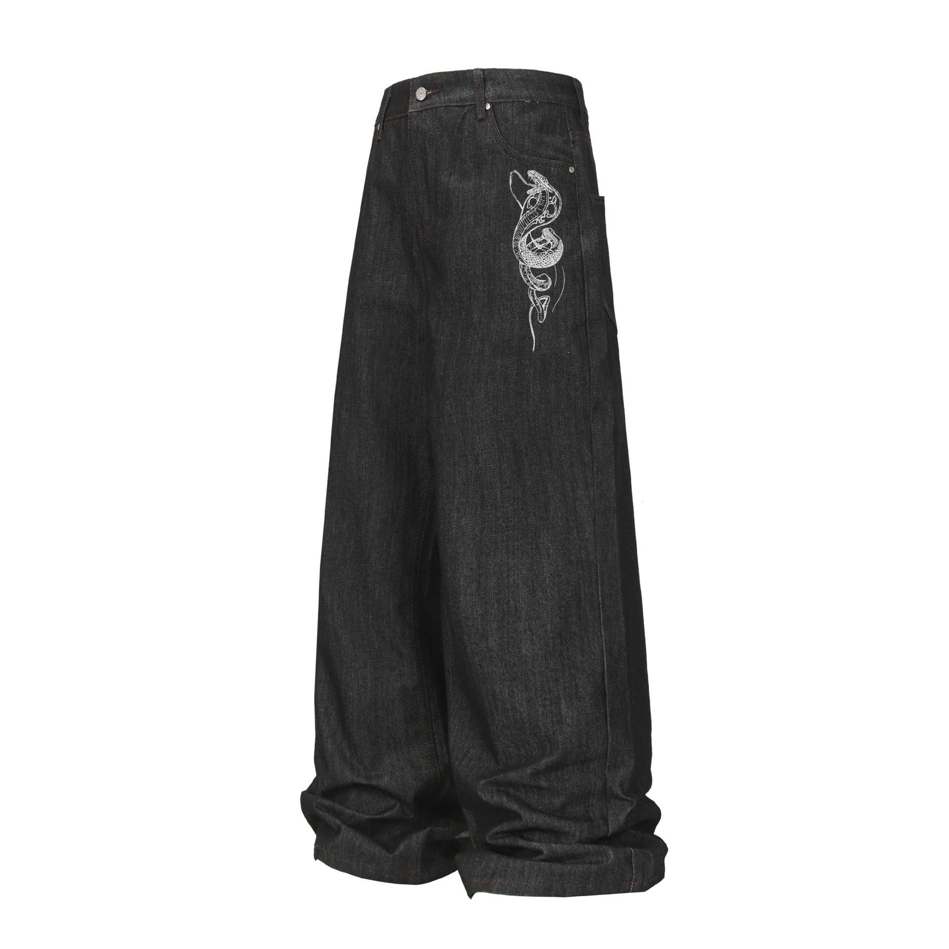High-Quality Street Style Denim Long Pants with Snake Element Design