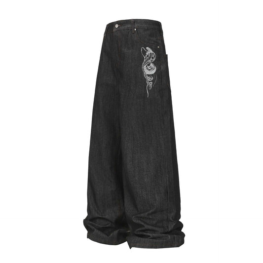 High-Quality Street Style Denim Long Pants with Snake Element Design