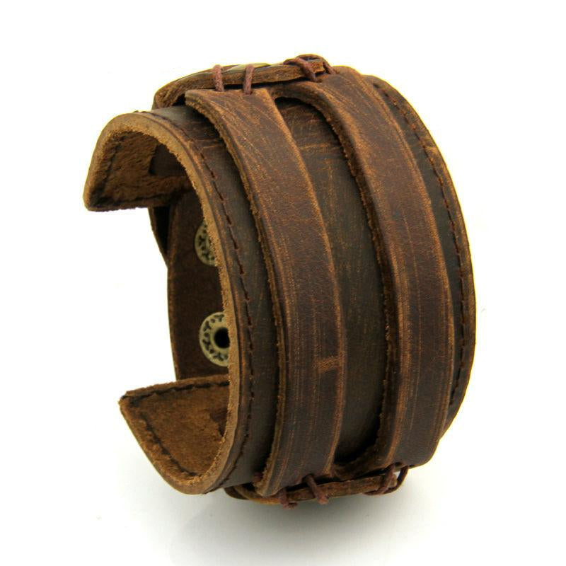 Leather Cuff Double Wide Bracelet Rope Bangles Brown Jewelry