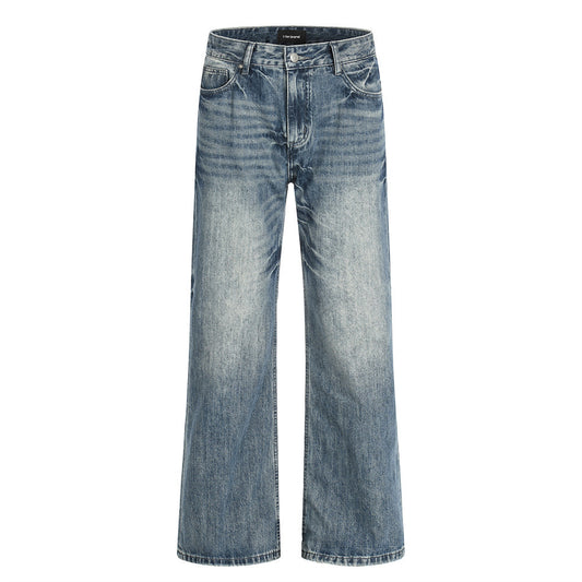 Washed Blue Mid-Rise Straight-Leg Denim Jeans — Street Style