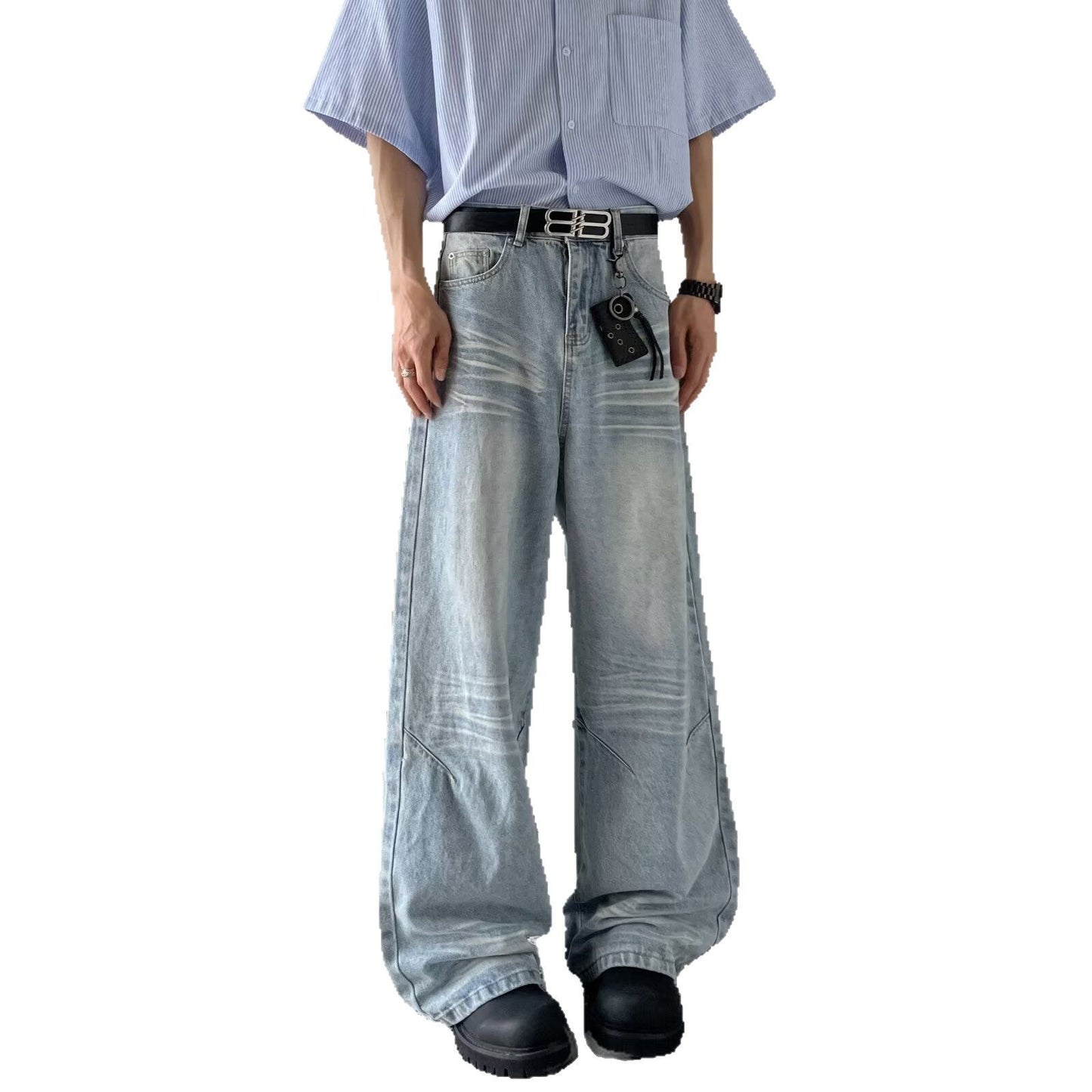 Wash Ground White Light Blue Loose Straight Leg Jeans