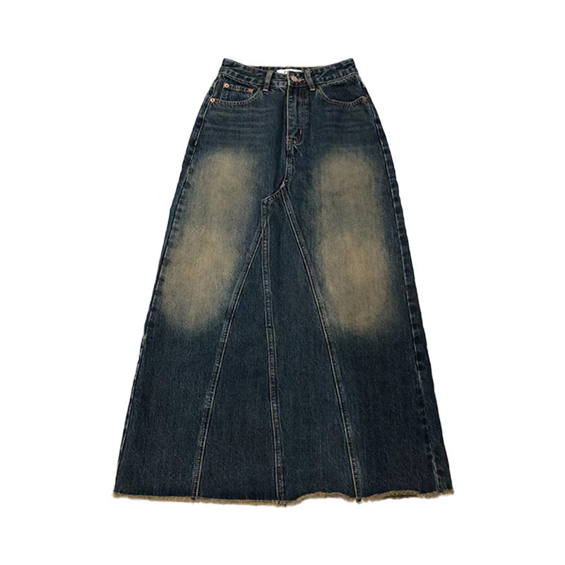 High-Waisted Slimming Washed A-Line Denim Skirt with Frayed Hem