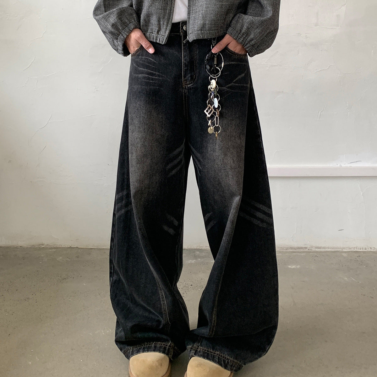 Street Silhouette Distressed Washed Floor Length Wide Leg Pants