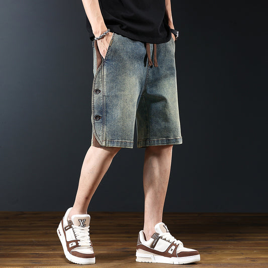 Loose Five Quarter Pants with Elastic Waist in Blue Denim