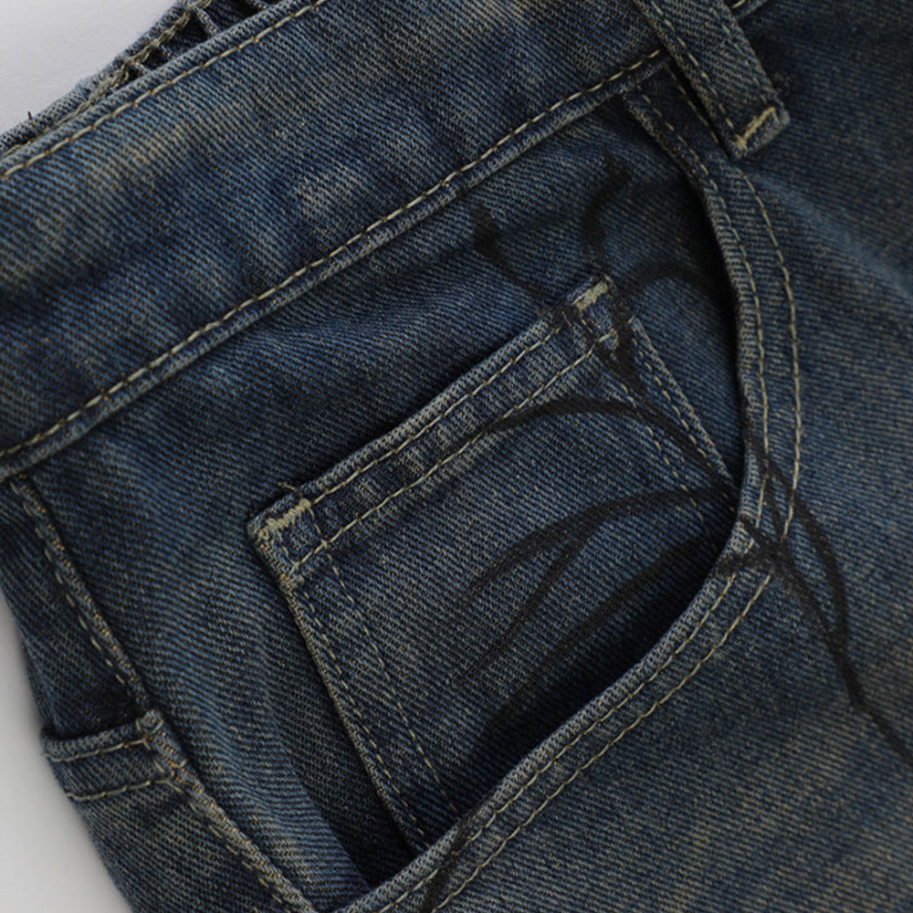 Men's Spider Print Denim Shorts in Casual Loose Fit