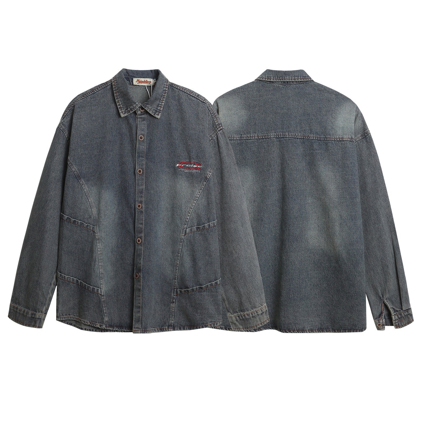 Washed Patchwork Denim Long Sleeve Shirt