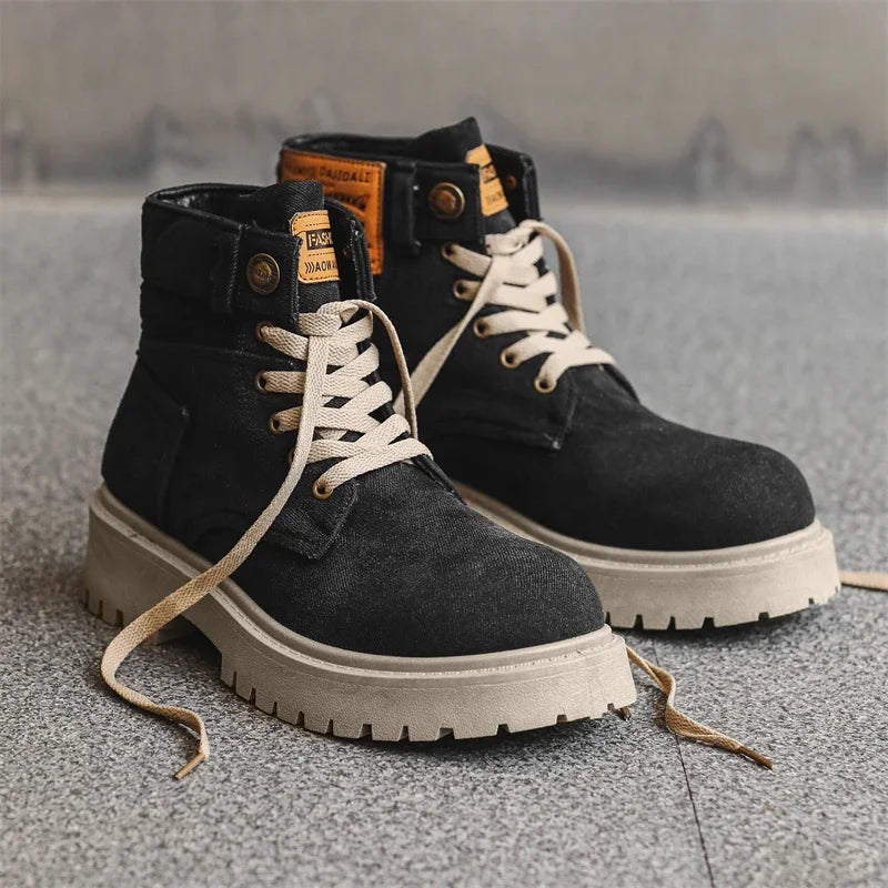 Men's Retro Washed Denim High Top Boots with Thick Sole