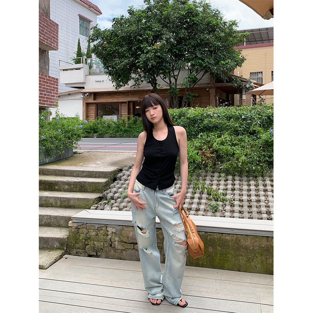 High Street Distressed Ripped Straight Leg Jeans for Women - Vintage Casual Pants