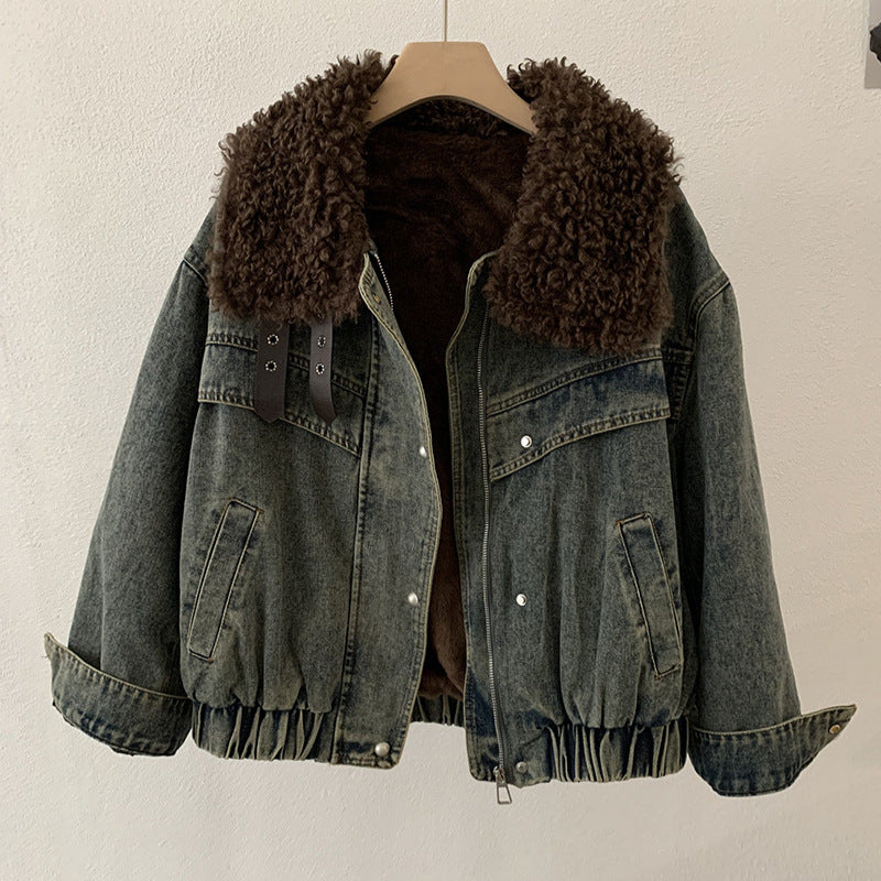 Loose Fleece-lined Thickened Denim Jacket Long Sleeve Casual Warm Top