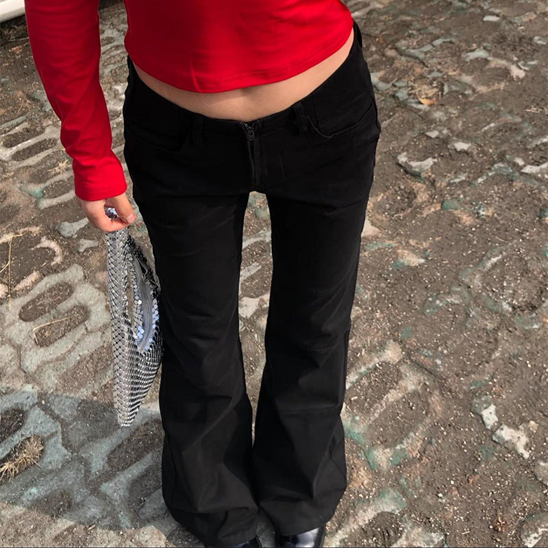 Solid Color Horn Low Waist Zipper Denim Pants