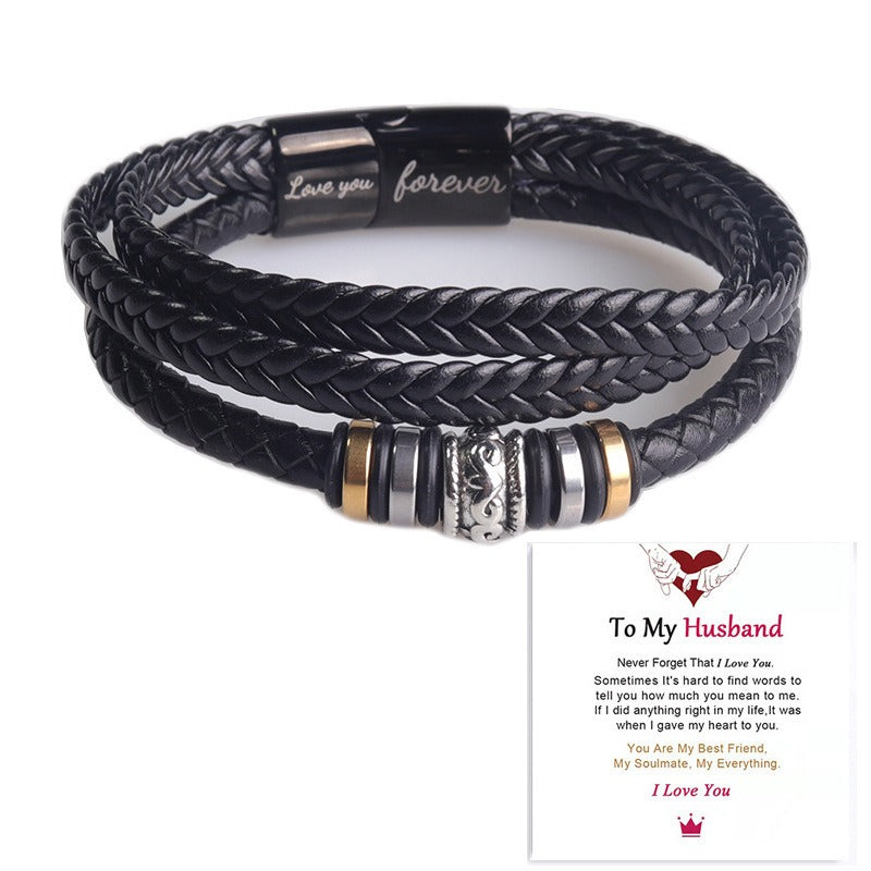 Men's Leather Bracelet with Stainless Steel Magnetic Clasp - I Love You Engraved Multi-layered Black Leather Cord Bracelet