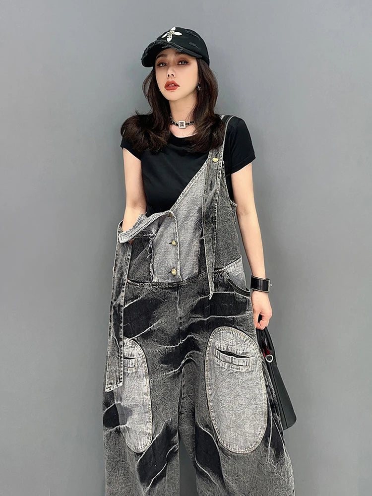 Fashion Women's Denim Patchwork V-neck Single Breasted Pocket Casual Loose Rompers for Summer