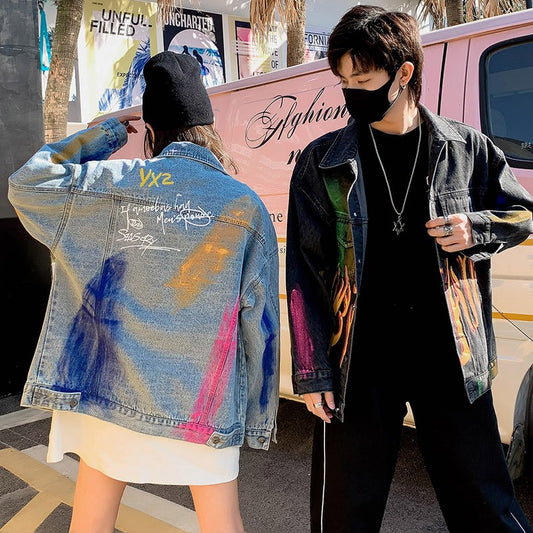 Harajuku Vintage Hand Painted Graffiti Print Denim Jacket