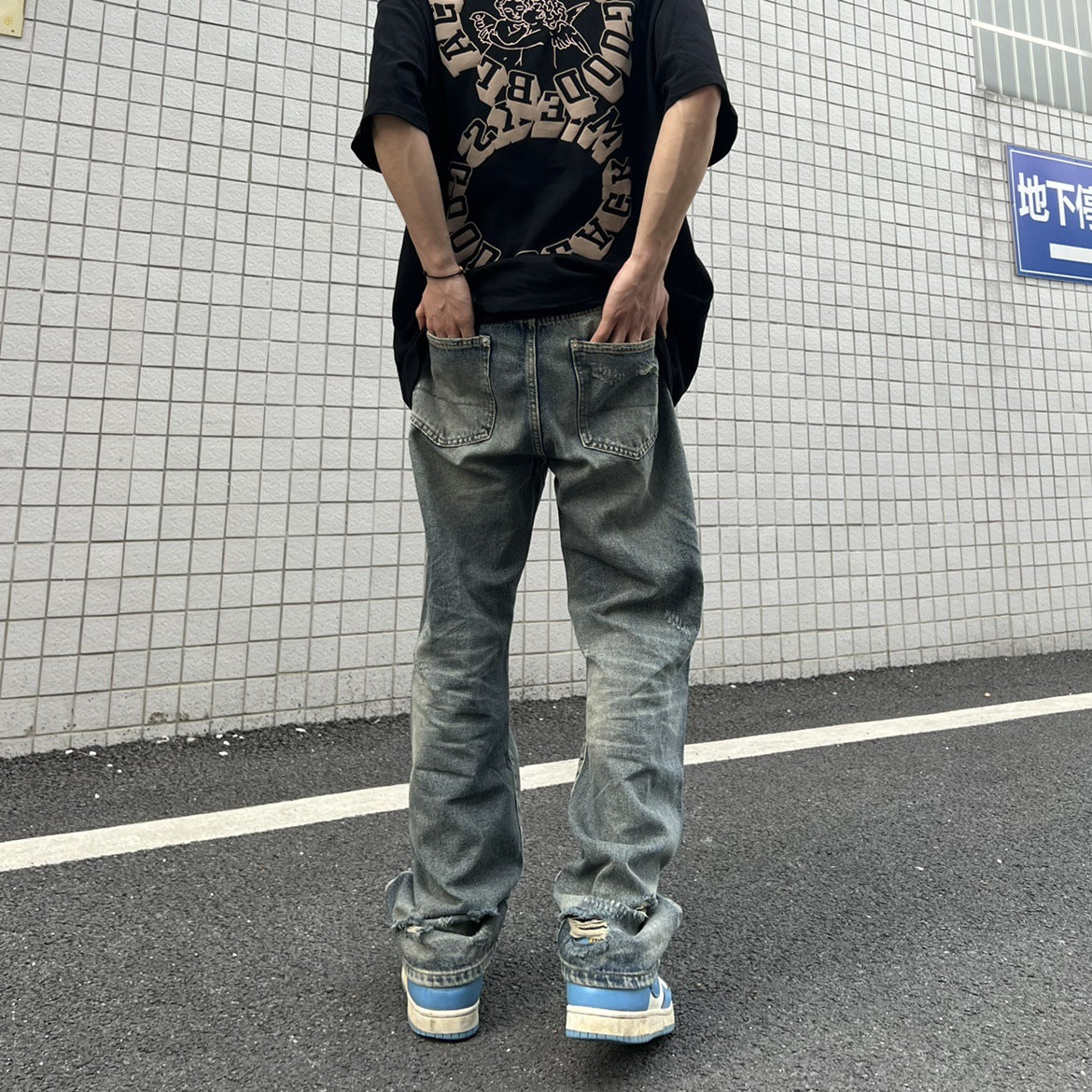 Summer Loose Straight Tube Washed Ripped Beggar Pants