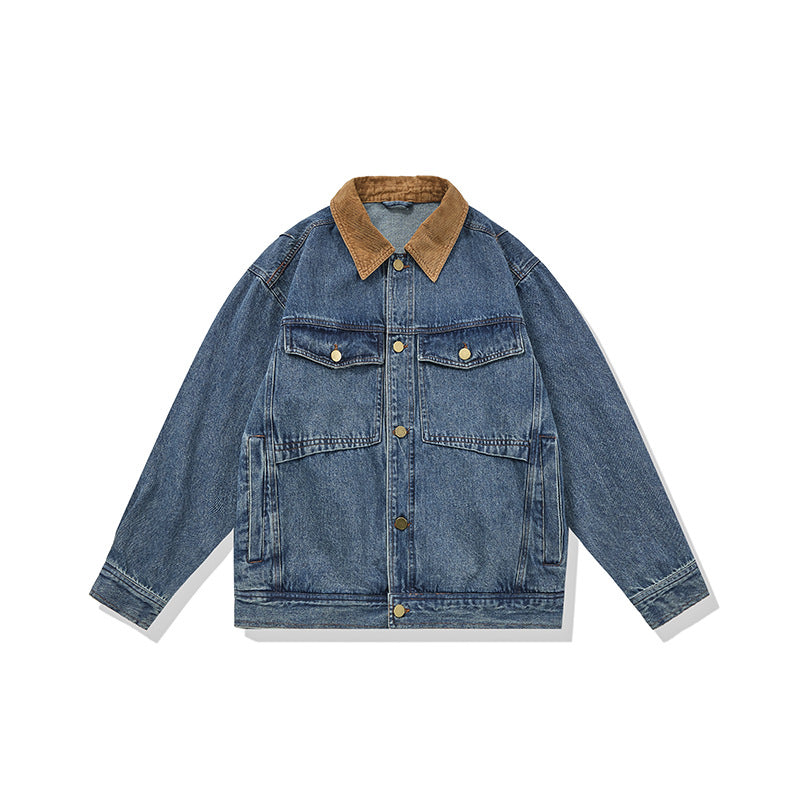 Color-blocked Turn-down Collar Loose  Denim Jacket