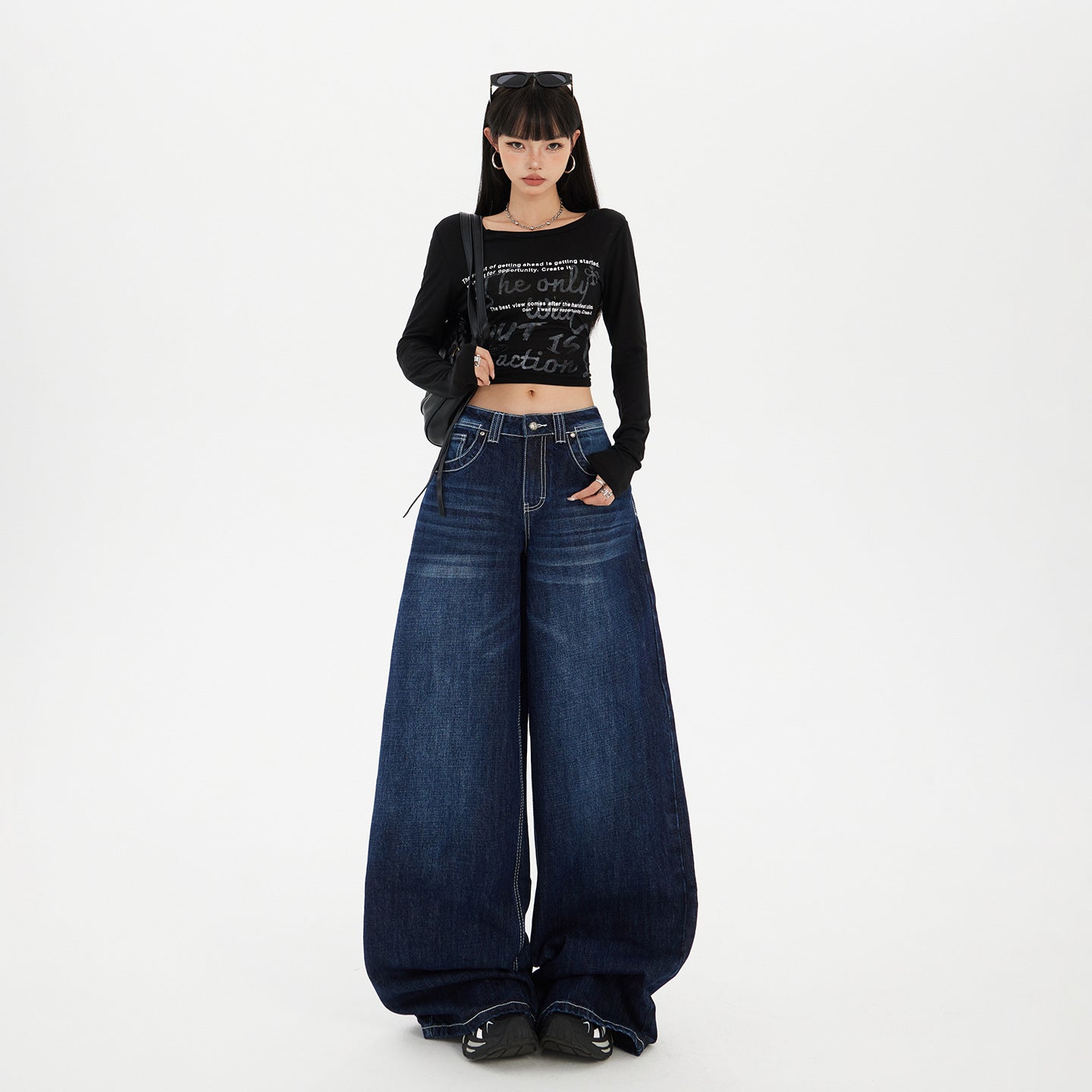 Women's Dark Blue High-Waist Wide-Leg Jeans