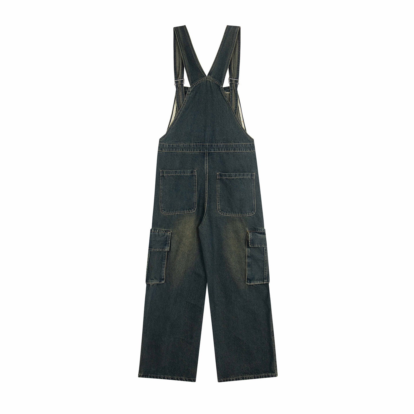 Unisex Cartoon Embroidered Denim Overalls with Water-Washed Finish