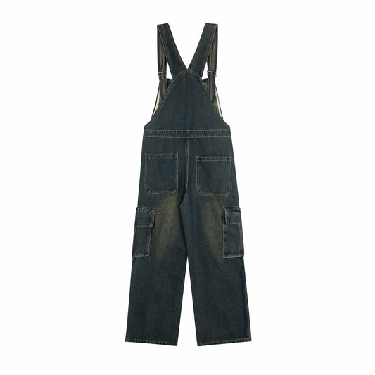 Unisex Cartoon Embroidered Denim Overalls with Water-Washed Finish