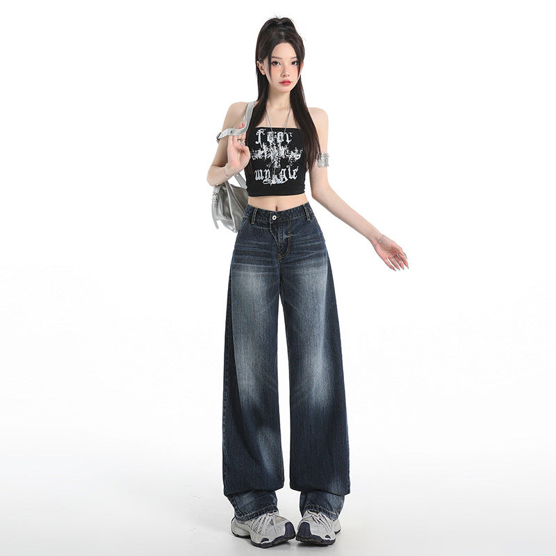 Washed Cat Whisker Wide Leg Jeans for Women - Unique Vintage Design